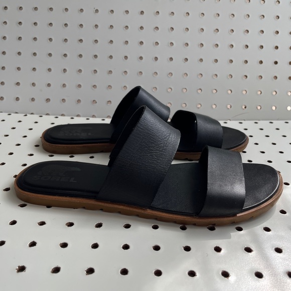 Sorel Shoes - SOREL Sandals Ella II Slides Size 10.5 Black Slip On Leather Upper Double Strap